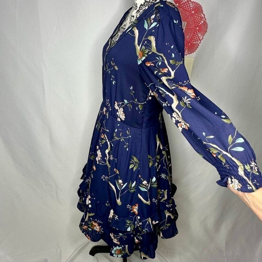 Nanette Lepore Navy Floral-Print Ruffled-Skirt Dress Size 10 - Picture 4 of 12